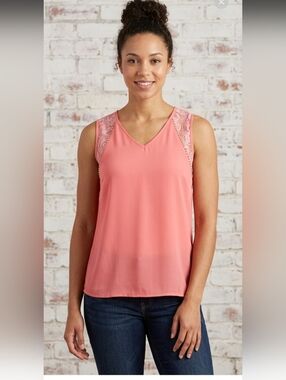 Julia Sheer Pink Coral Sleeveless Top with gold studded trim. Size M/L